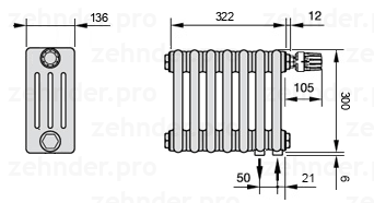 Схема (чертеж) Радиатор Zehnder Charleston 4030/7 №V002 Белый глянцевый RAL 9016